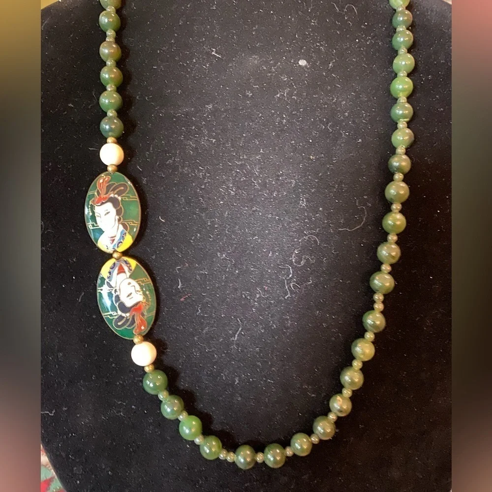 Exquisite Vintage Chinese Cloisonne, Grade A Jade with Silver Clasp Necklace